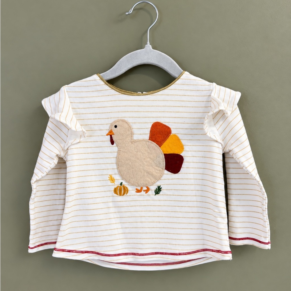 Mud Pie Cream Striped Long-Sleeve Thanksgiving Top with Turkey Applique